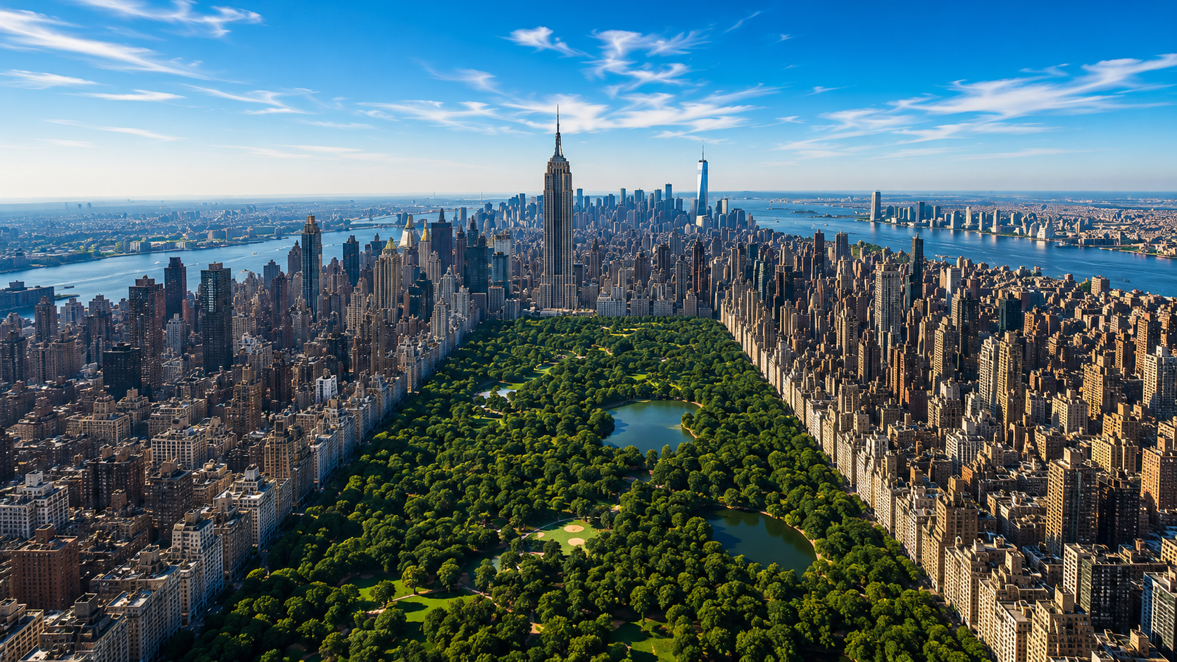 Aerial view over Manhattan, Central Park framed by the towers of the Upper East and Upper West Side