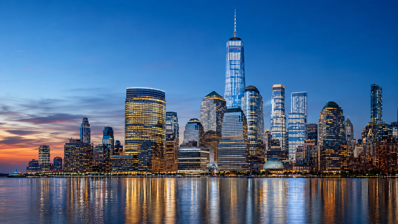 The Lower Manhattan skyline at blue hour, One World Trade Center reflected across the Hudson River